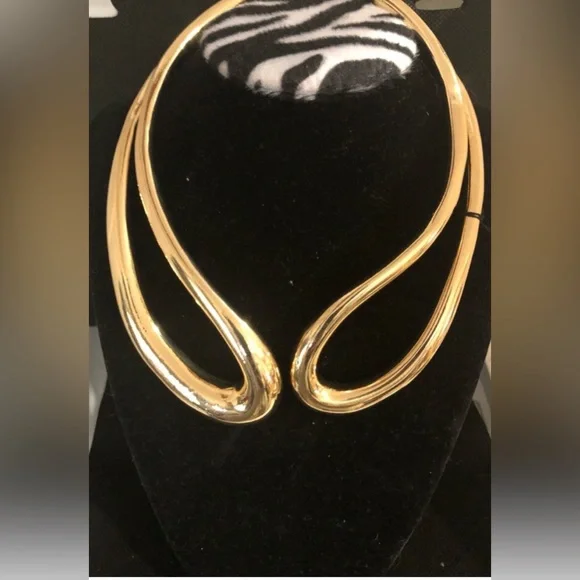 House of Harlow 1960 gold tone double bar curved hinged choker style necklace - Picture 7 of 14